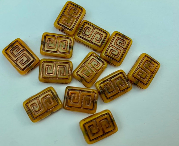 Greek Key (Rectangle 13x9mm) - Orange Opaline with Dark Bronze Wash