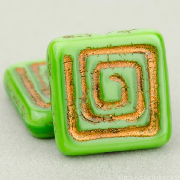 Greek Key (Square 13mm) - Green Silk with Bronze Wash
