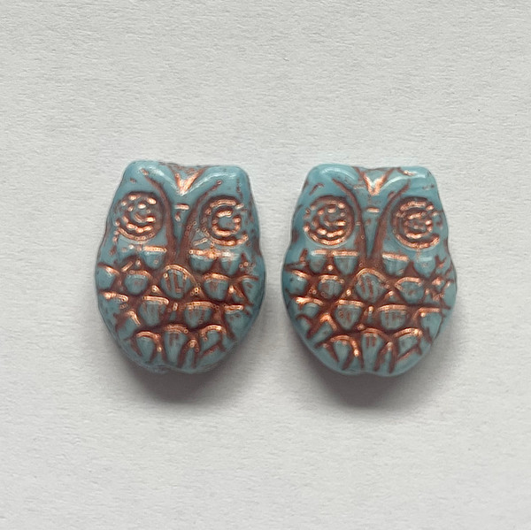 Horned Owl Bead (18x15mm) - Turquoise Blue with Copper Wash
