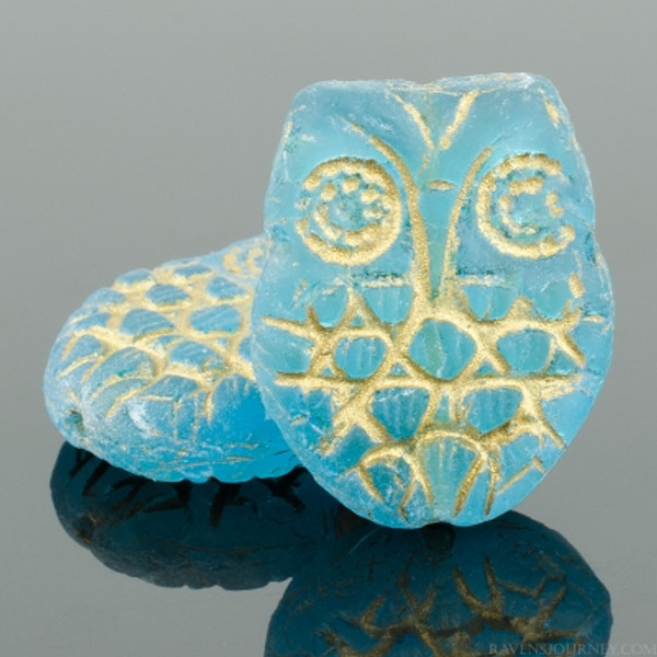 Horned Owl Bead (18x15mm) - Aqua Blue Transparent Matte with Gold Wash