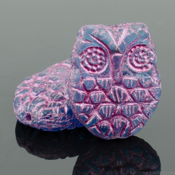 Horned Owl Bead (18x15mm) - Sapphire Blue Transparent Matte with Pink Wash