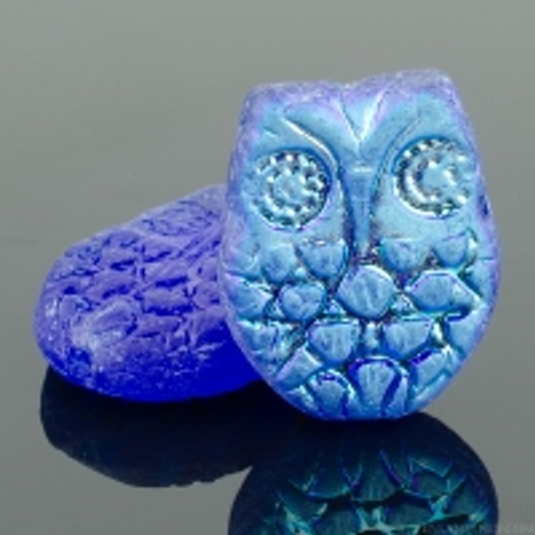 Horned Owl Bead (18x15mm) - Cobalt Blue Transparent Matte with AB Half Coat Finish
