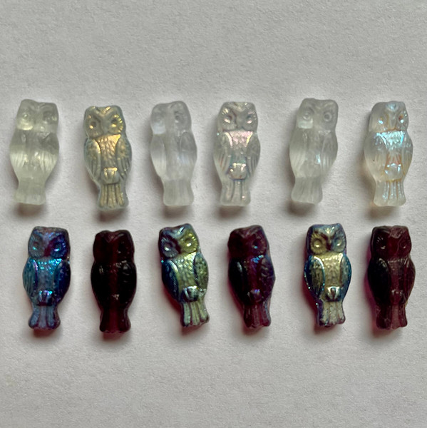 Owl Beads (7x15mm) - Amethyst Transparent and Clear Transparent with AB Half Coat Finish