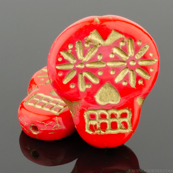 Sugar Skull - Coral Red Opaque with Gold Wash