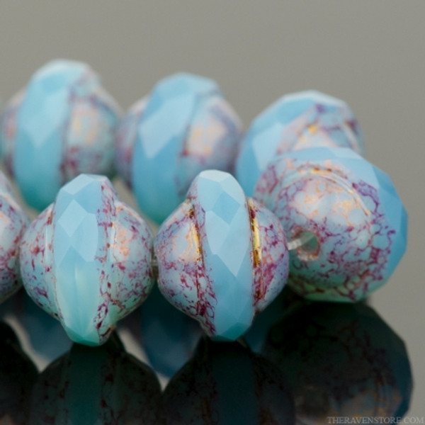 Saturn Shaped Faceted Bead - Aqua Blue Silk with Purple Metallic Finish