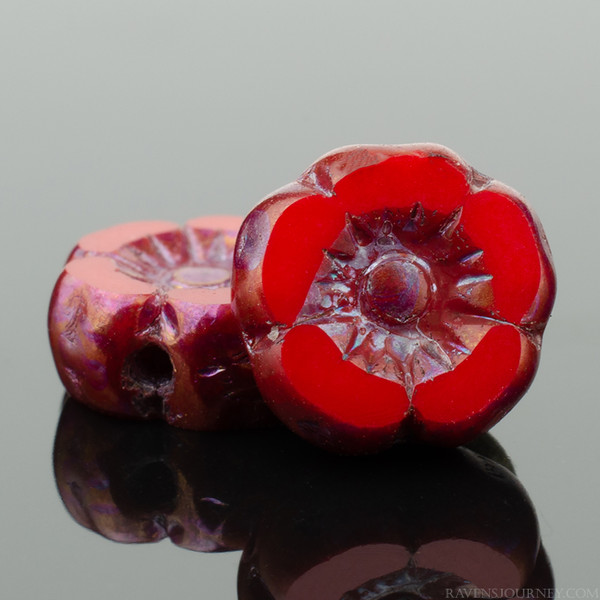 Hibiscus Flower - 7mm Red Opaque with Purple Bronze Finish