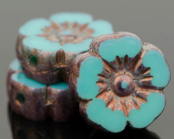 Hibiscus Flower - 10mm Turquoise Bronze Opaque