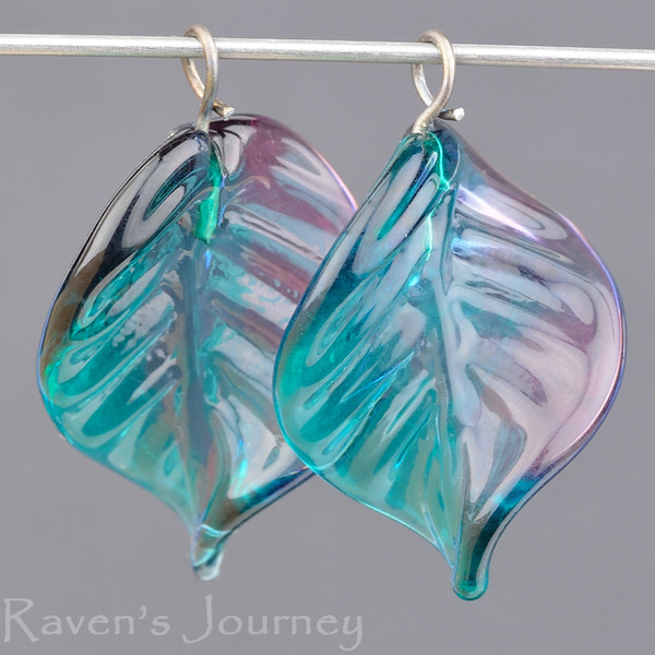 18mm Lampwork Leaf - Amethyst Purple and Aqua Green Mix