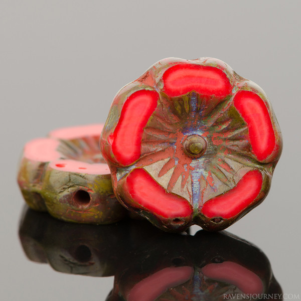 Hibiscus Flower - 12mm Red Coral Opaque Picasso