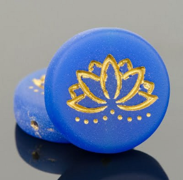 18mm Lotus Flower Coin Bead - Lapis Blue Opaque Matte with Gold Wash | 1 Each
