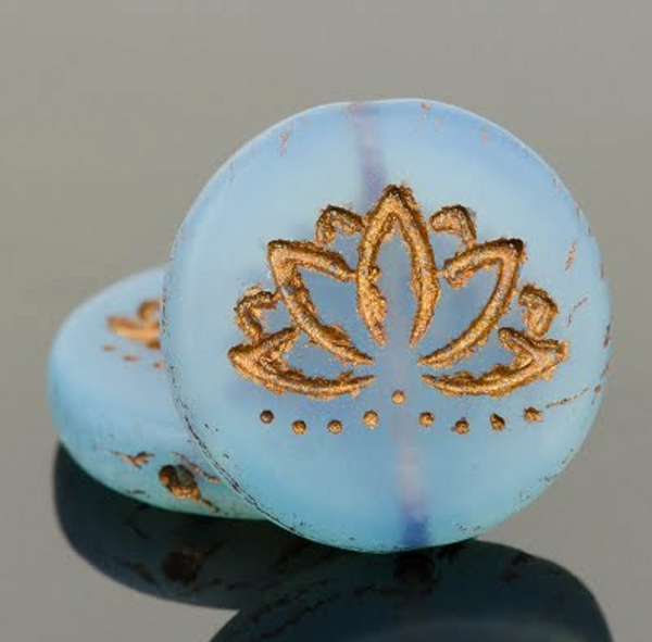 18mm Lotus Flower Coin Bead - Light Blue Matte with Dark Bronze Wash | 1 Each