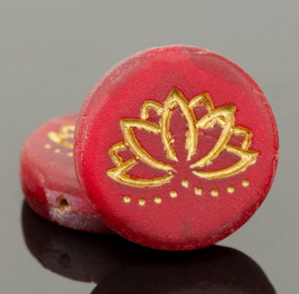 18mm Lotus Flower Coin Bead - Red Opaline Matte with Gold Wash | 1 Each