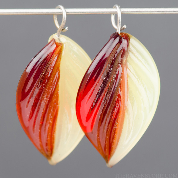 18mm Lampwork Leaf - Ruby Red and Yellow Opal