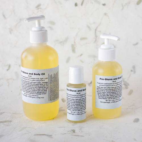 em's pre-shave and body oil in three sizes