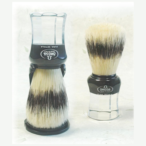 omega black and clear resin handle sketched boar shaving brush with holder