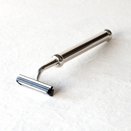 nickel plated bulbous style handle razor with fixed head front view