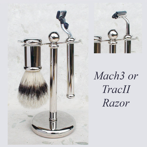 three piece shaving set with natural sketch boar bristle shaving brush