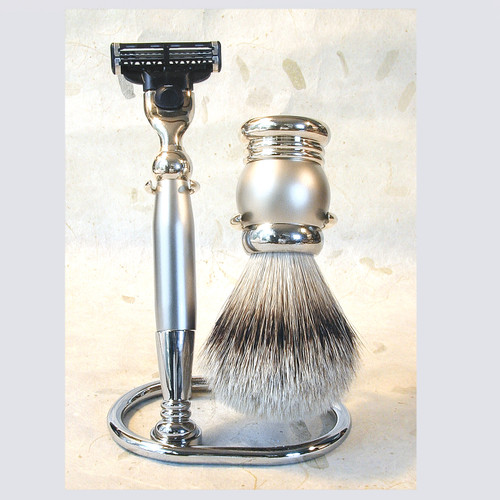 polished and satin nickel three piece set with silver tip brush and mach3 razor