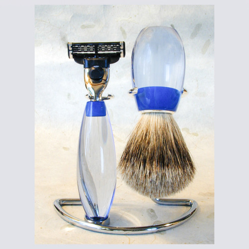 transparent blue acrylic three piece set with taper bristle brush with holder and Mach3 style blade razor