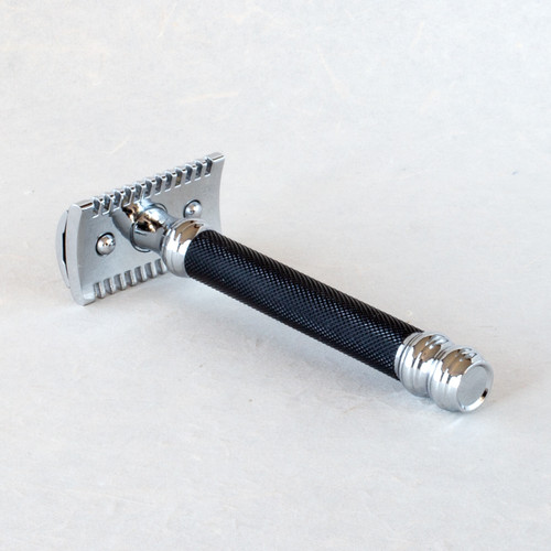 chrome and satin black handle double edge safety razor back view