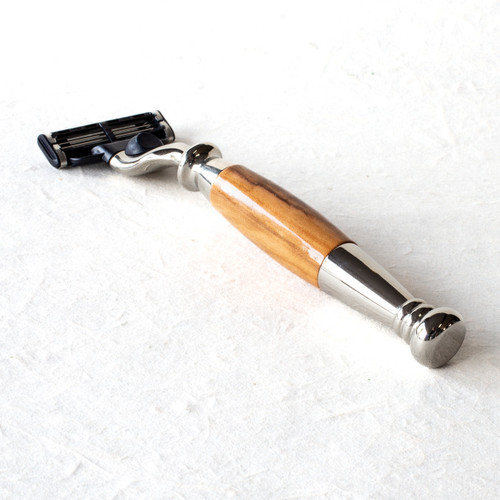 genuine olivewood shiny nickel plated three blade cartridge razor