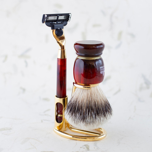 omega silver tip badger faux tortoise handle three piece shaving set