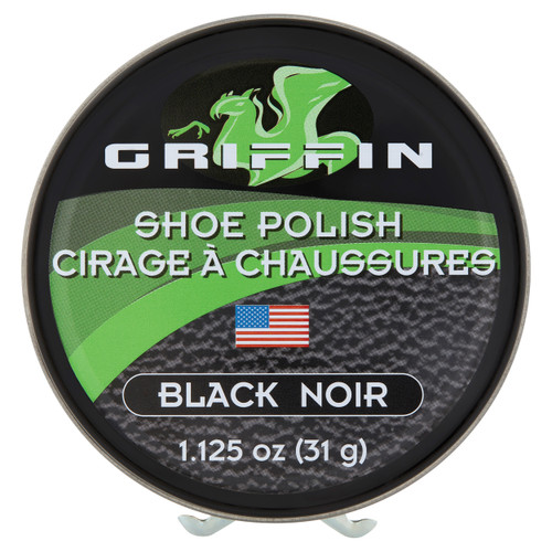 Griffin Black Shoe Polish in a 1.125 oz (31 g) tin container, featuring bilingual English and French text, an American flag, and a bold green griffin logo on the lid Griffin Black Shoe Polish in a 1.125 oz (31 g) tin container, featuring bilingual English and French text, an American flag, and a bold green griffin logo on the lid