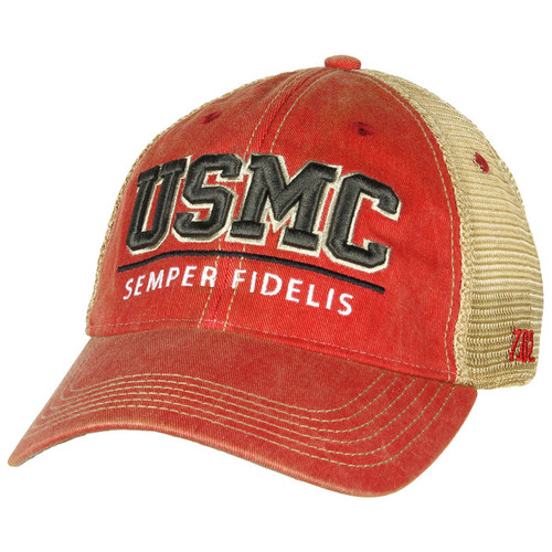 USMC 'Semper Fidelis' Vintage Trucker Hat Red Front View USMC 'Semper Fidelis' Vintage Trucker Hat Red Front View