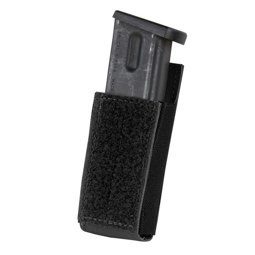 Black QD pistol magazine pouch with elastic retention and hook-back panels for quick attachment to loop surfaces. Black QD pistol magazine pouch with elastic retention and hook-back panels for quick attachment to loop surfaces.