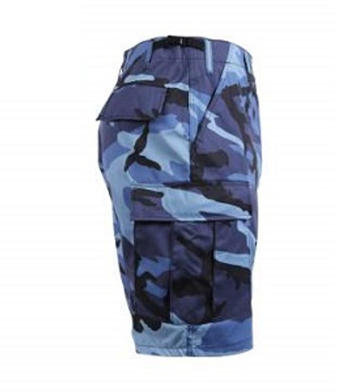 Camo Sky Blue, Adjustable Waist Tabs, Button Fly, Six Pockets - Camo Shorts 