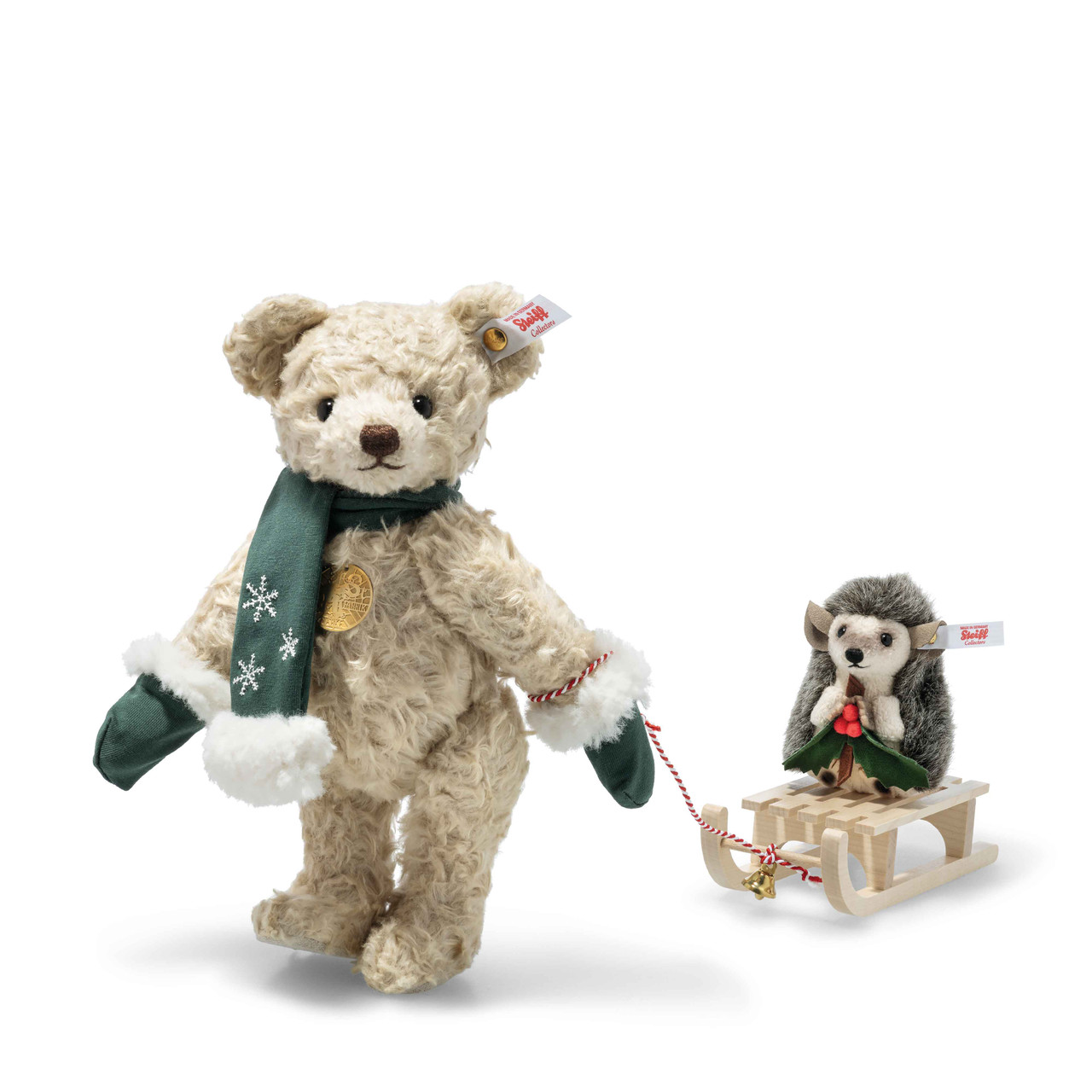 Holiday Teddy Bear with Hedgehog on Sled, 10 Inches, EAN 007286