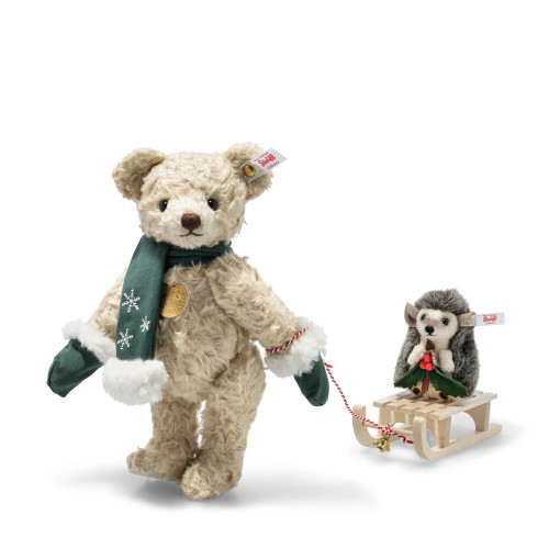 Holiday Teddy Bear with Hedgehog on Sled, 10 Inches, EAN 007286 (PRE-ORDER)