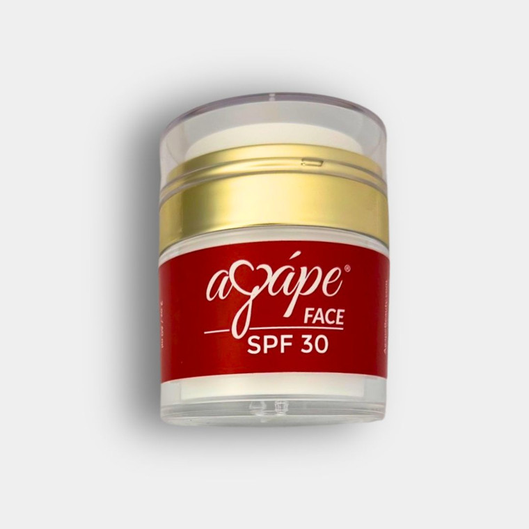 Agape FACE SPF has a cream consistency but glides on like a rich gel. Has micro-sponges to absorb oil and leave your skin feeling like there is nothing on! No white cast so this SPF is perfect for any skin tone.