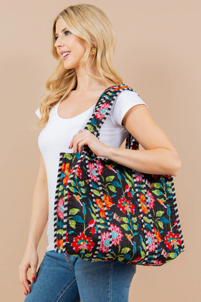 Flower Print Quilted Tote Bag