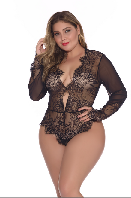 Initmate Desire-Curvaceous Range-Long Sleeve Lace Body Suit-Black-Sizes 1XL-4XL