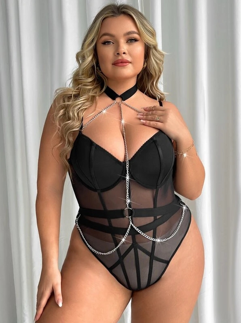 Intimate Desire-Curvaceous Range-Black Mesh Body Suit With chains & choker-Sizes -1xl-4xl