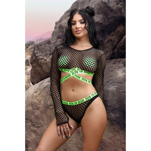 VIBES FUCK UR RULES Longsleeve Crop Top, Panty & Pasties Set-Size S/M-Aus  6-10