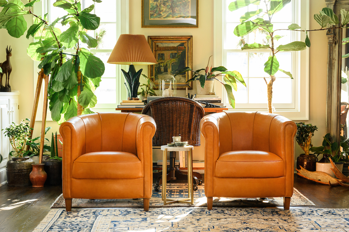 Two Rhodes Chairs sit side by side in a living room filled with plants.