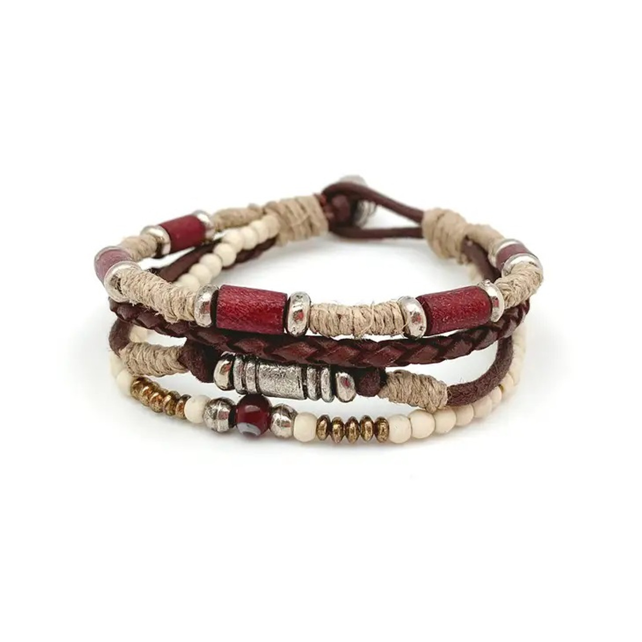 Multi Strand Twine and Mixed Beads Unisex Bracelet  Men's Unisex Brown  Leather Bracelet, Mindfulness Gift, Spiritual Unisex Jewelry