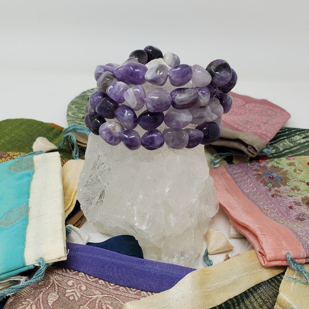 Tumbled Amethyst Bracelet With Silk Sari Jewelry Bag, Crown Chakra