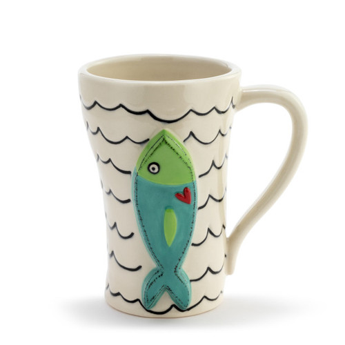 Front of the white mug with Blue and Green Fish