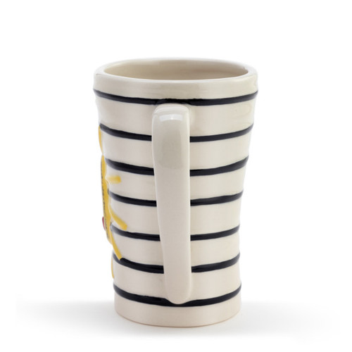 off white stoneware mug with black stripes and a bright yellow sun with red heart