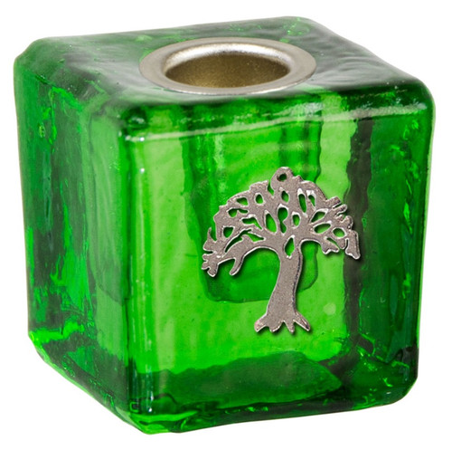 Green Glass Tree of Life Chime Candle Holder