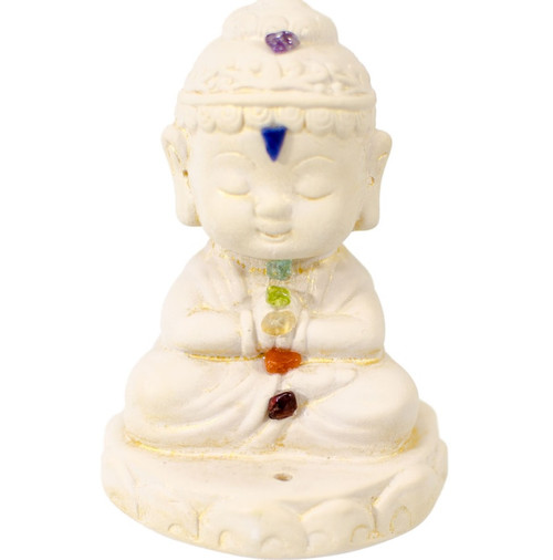 Gypsum Cement Buddha Statue Incense Holder with Chakra Gemstones