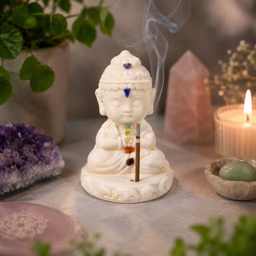 Gypsum Cement Buddha Statue Incense Holder with Chakra Gemstones