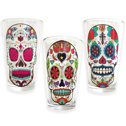 3 Sugar Skull Drink Glasses with different designs