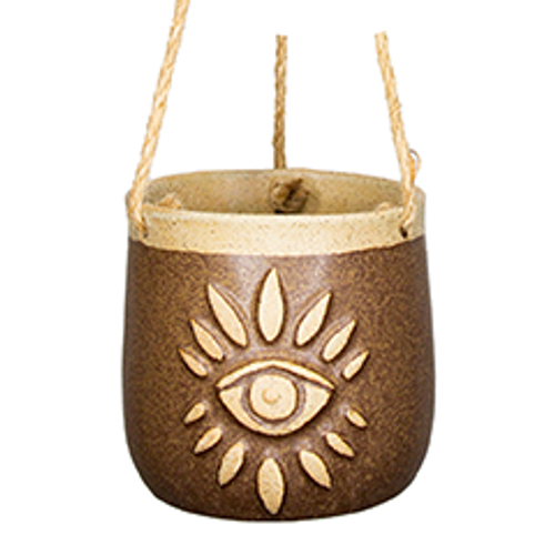 Jute Hanging Ceramic Plant Pot with Protection/Third Eye in tones of sand and brown