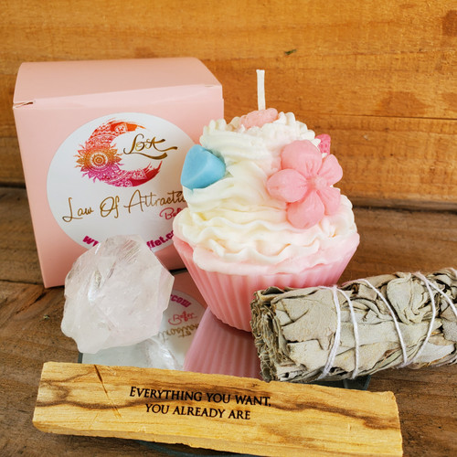 Cupcake Candle with Clear Quartz Crystal, White Sage Smudge Stick, Mantra Palo Santo