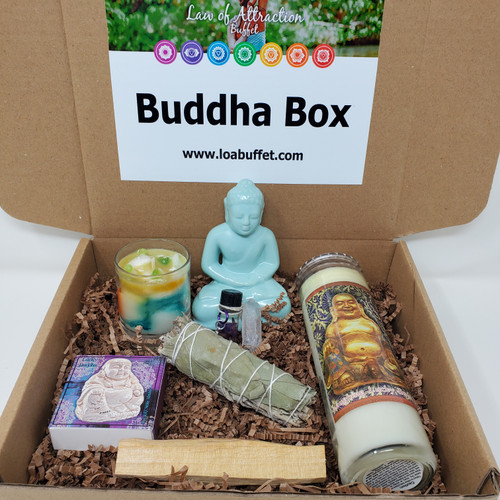 Law of Attraction Buddha Gift Box with Tie-Dye Votive Candle, Buddha Candle, Clear Quartz Crystal, Buddha Statue, Palo Santo, Sage Smudge