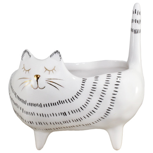 Cat Planter Pot with drainage hole, White porcelain with black stripes, Perfect size for a small cactus, air plants or succulents!